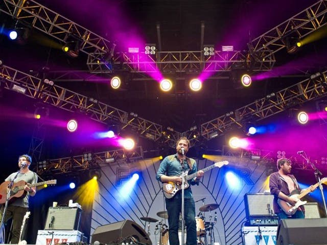 Guitar trio: (from left) Gordon Skene, Scott Hutchison, and Billy Kennedy of Frightened Rabbit on stage this year