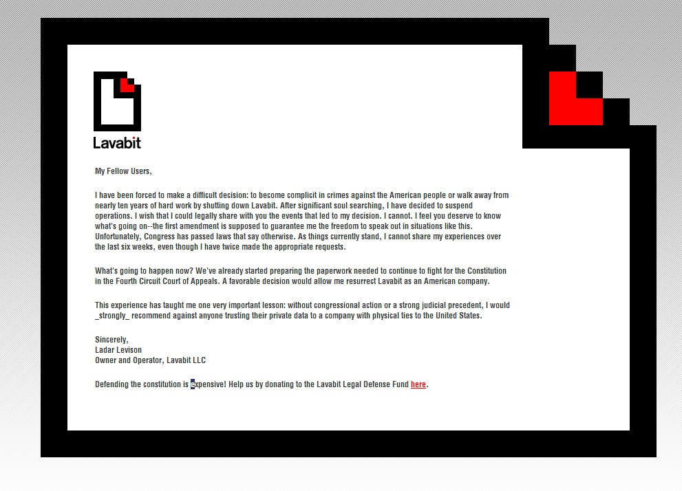 The website of Lavabit as it appears now.