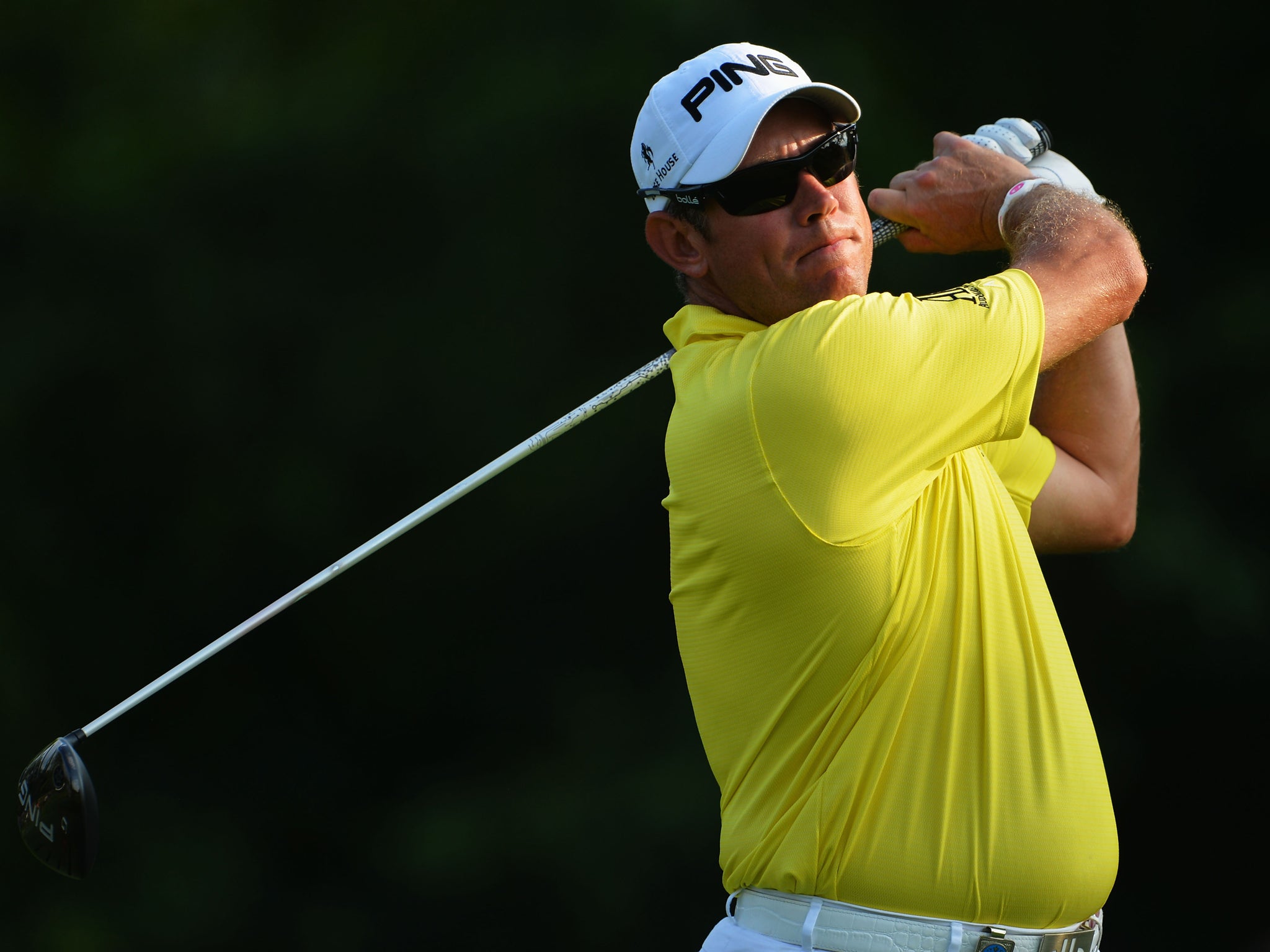 Lee Westwood in action during the US PGA Championship at Oak Hill