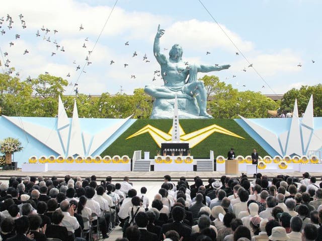 Doves are released after a peace declaration given by Nagasaki City mayor Tomihisa Taue during the Peace Memorial at the Peace Park on 9 August 9 2013 in Nagasaki, Japan