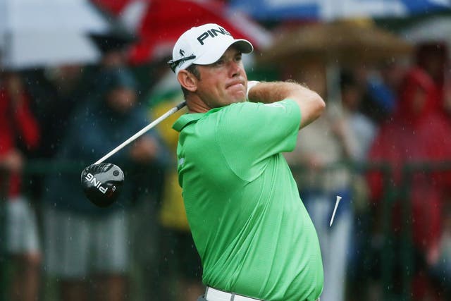 Lee Westwood's tee shot on the 14th as the rain continues to fall