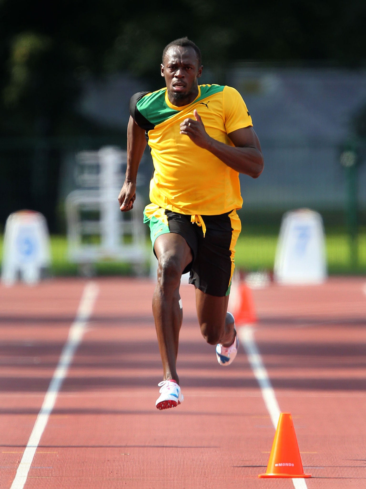 Usain Bolt training with the Jamaican team in Moscow on Thursday