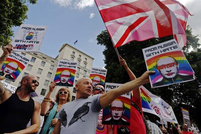 Protesters outside Downing Street against Vladimir Putin's homophobic laws