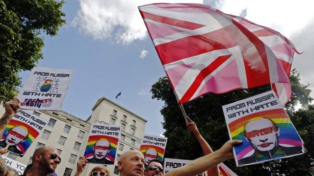 Protesters outside Downing Street against Vladimir Putin's homophobic laws