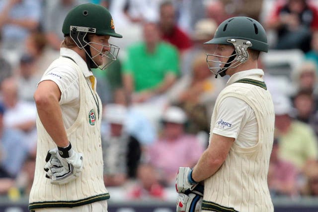 Long run: Shane Watson (left) and Chris Rogers put on 129 in 279 balls