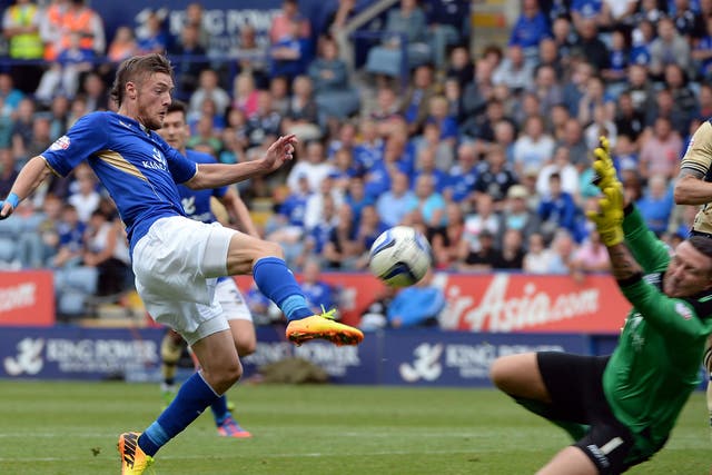Leicester's Jamie Vardy with a shot against Leeds United