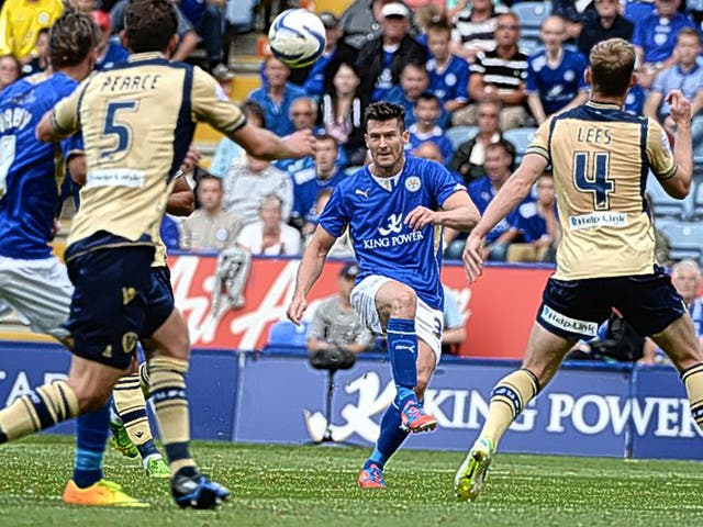 Leicester’s David Nugent shoots during the 0-0 draw with Leeds