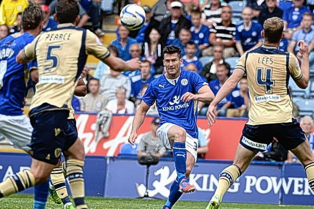 Leicester’s David Nugent shoots during the 0-0 draw with Leeds