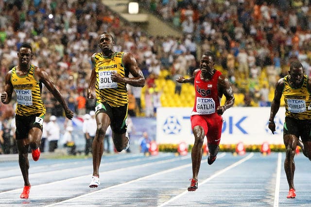 Usain Bolt storms to victory in the 100m last night, with Justin Gatlin second