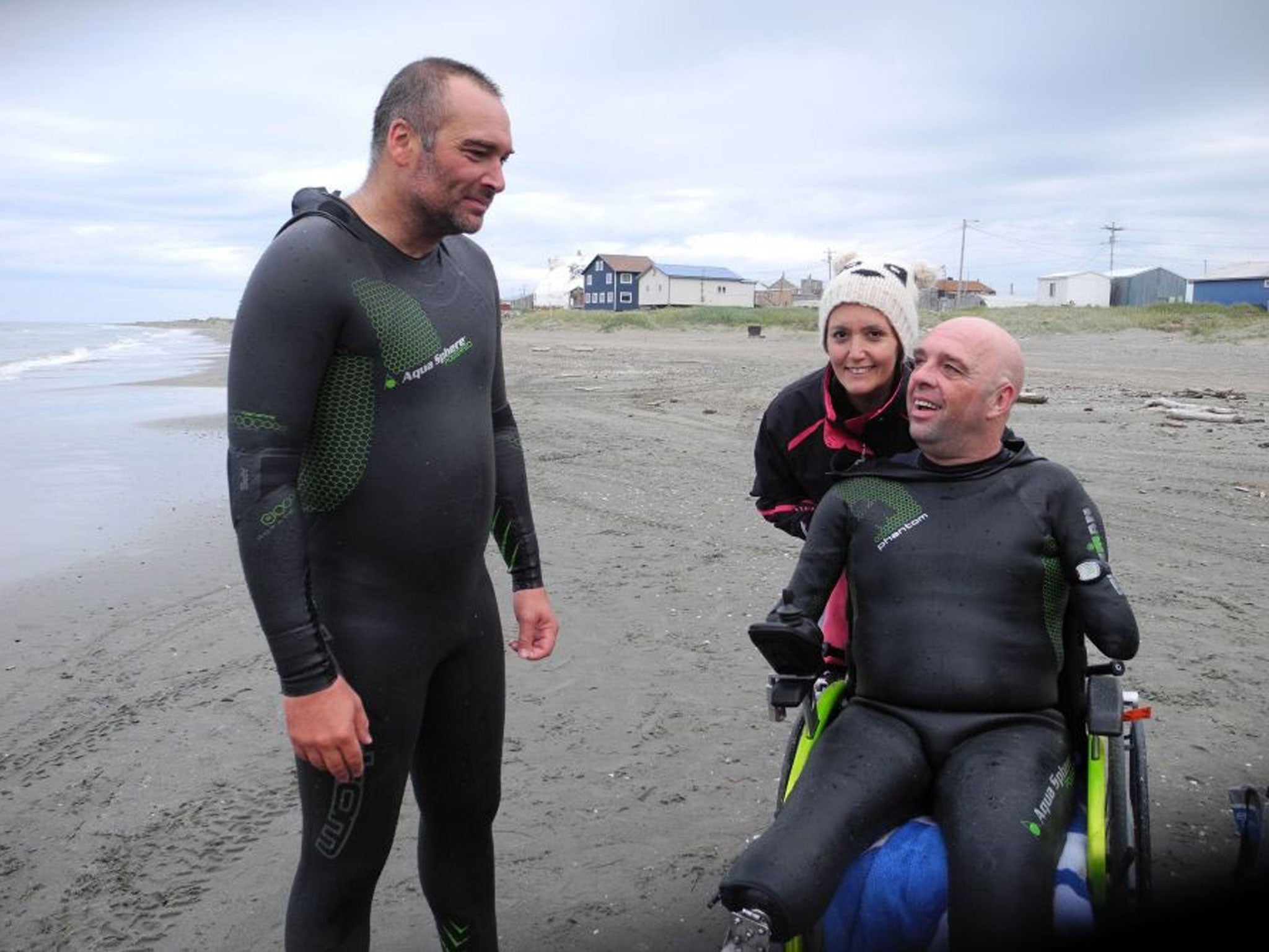 Quadruple amputee Philippe Croizon speaking to his friend Arnaud Chassery, with whom he crossed the Bering Strait between North America and Russia