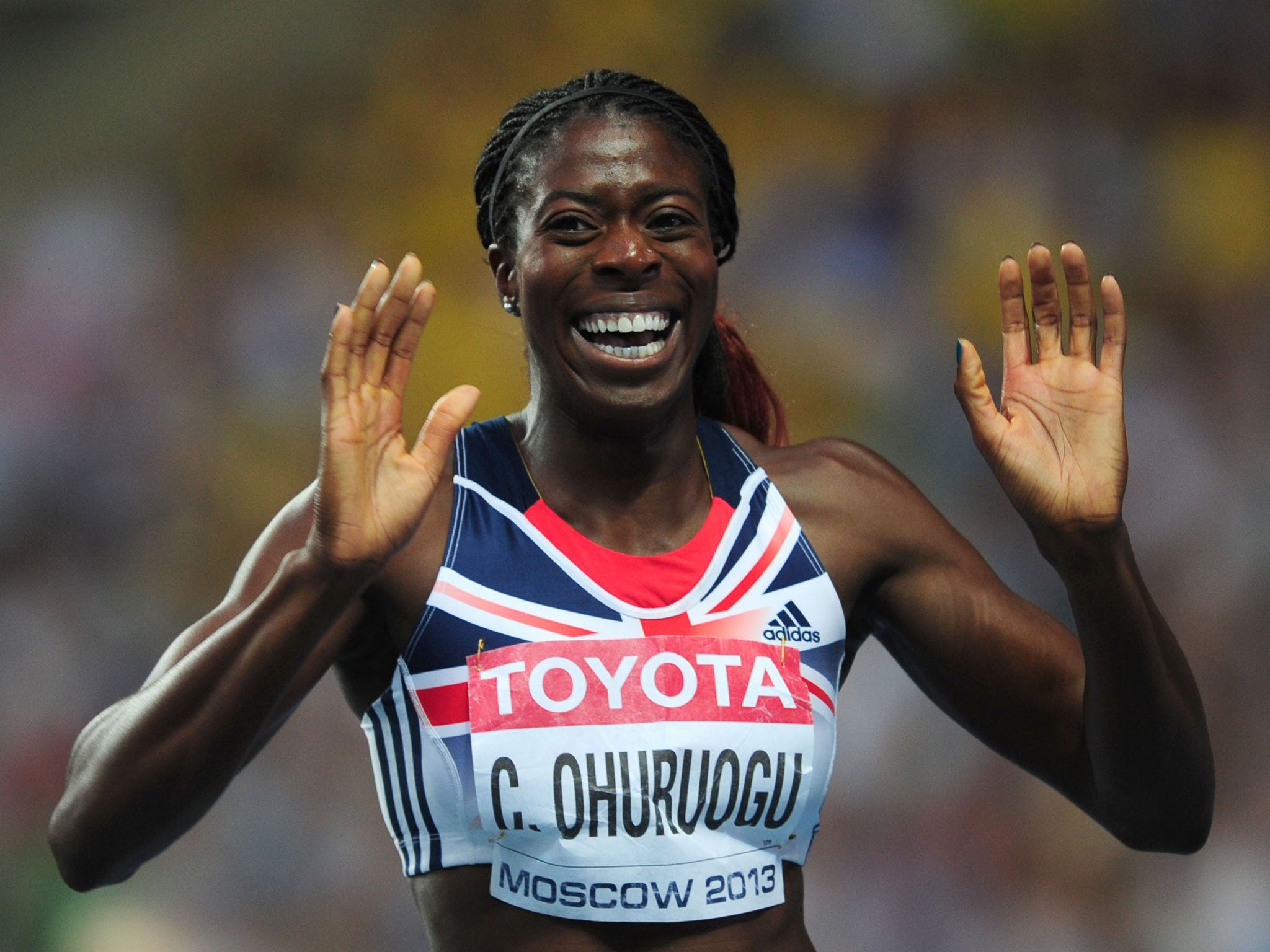 Christine Ohuruogu reacts after her 400m victory is confirmed after the narrowest of margins