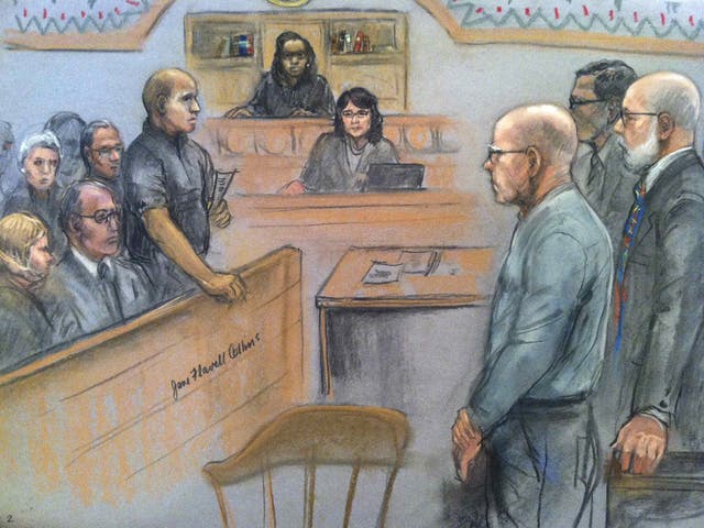 Bulger, front right, listens to the verdict in this courtroom sketch