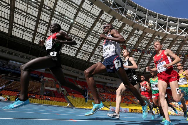 Mo Farah competes in the 5,000 metres heats