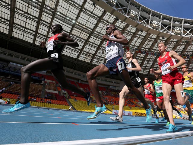 Mo Farah competes in the 5,000 metres heats