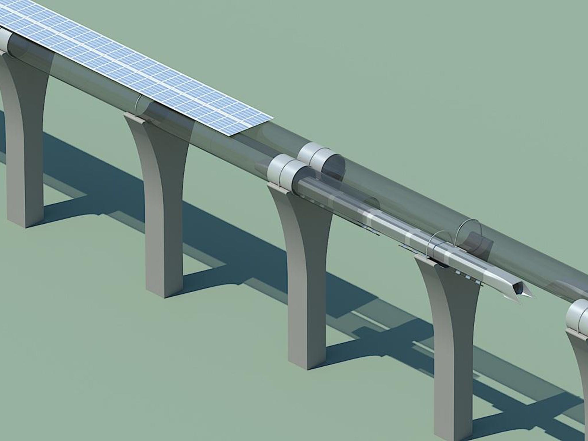 Hyperloop capsule in tube cutaway with attached solar arrays