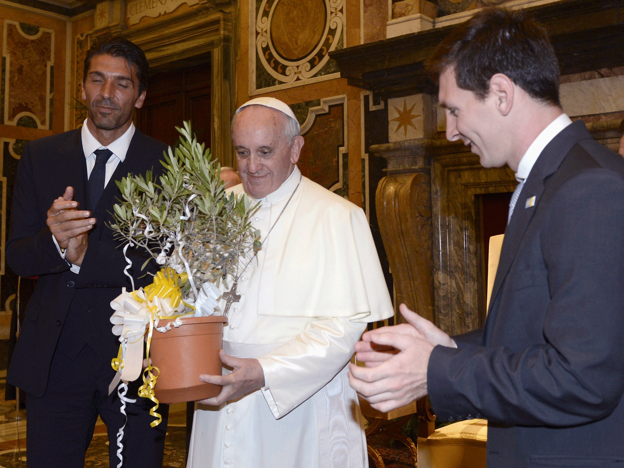 Argentina's Lionel Messi and Italy's Gianluigi Buffon with the Pope in Rome