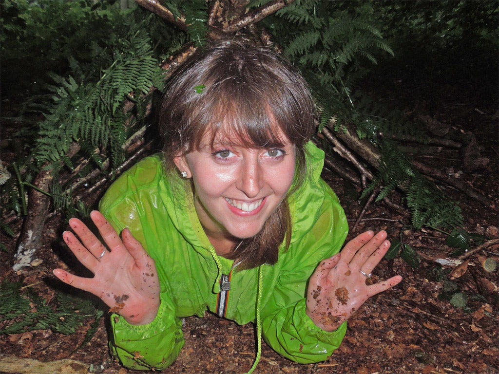 The bride-to-be tests the survival shelter