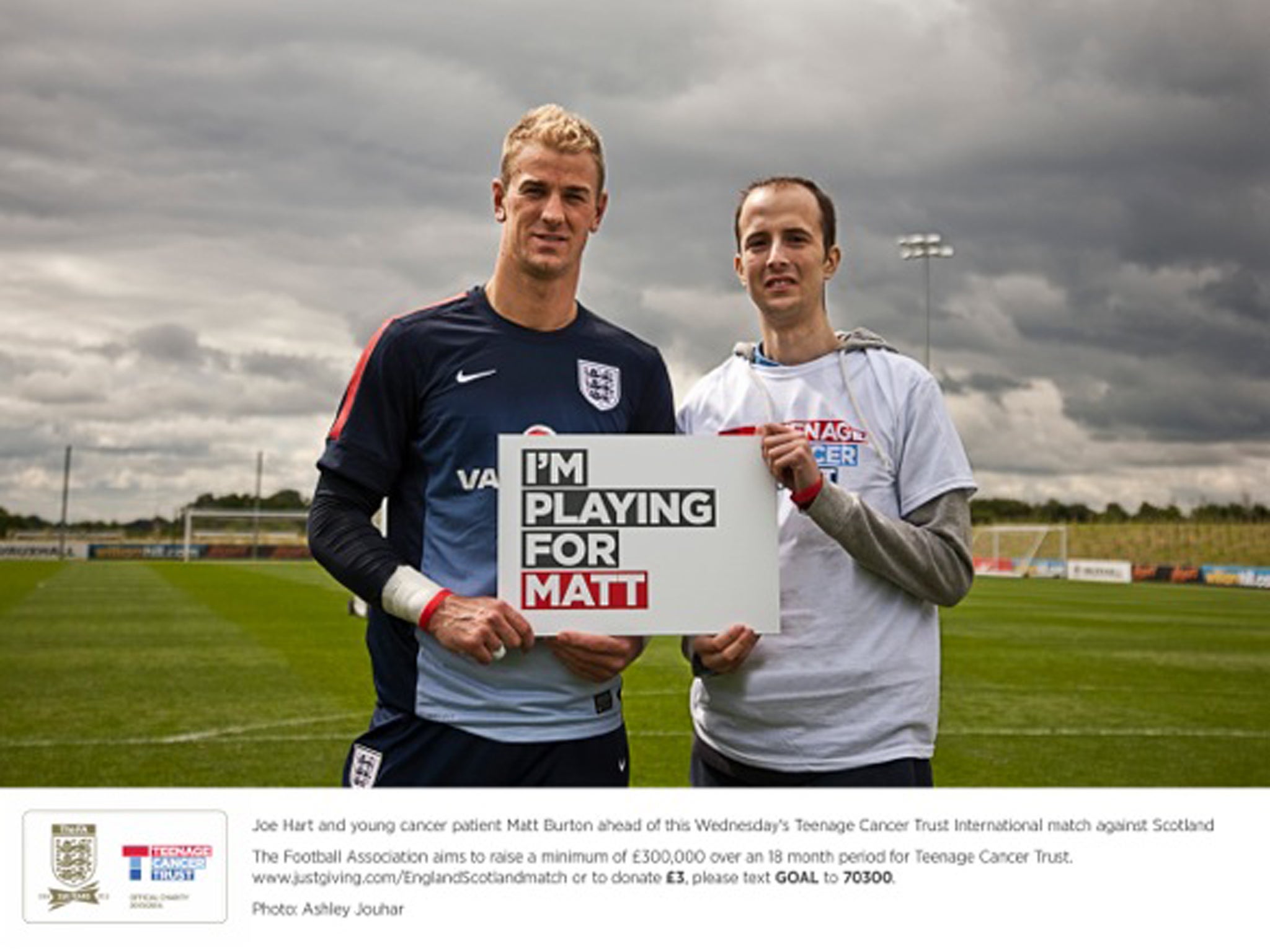 Joe Hart and young cancer patient Matt Burton ahead of this Wednesday's Teenage Cancer Trust International match against Scotland