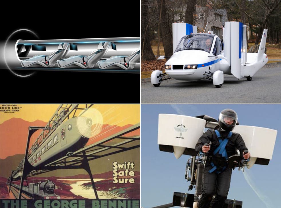Flights of fancy (clockwise): Hyperloop, Transition, the jetpack and the Bennie Railplane