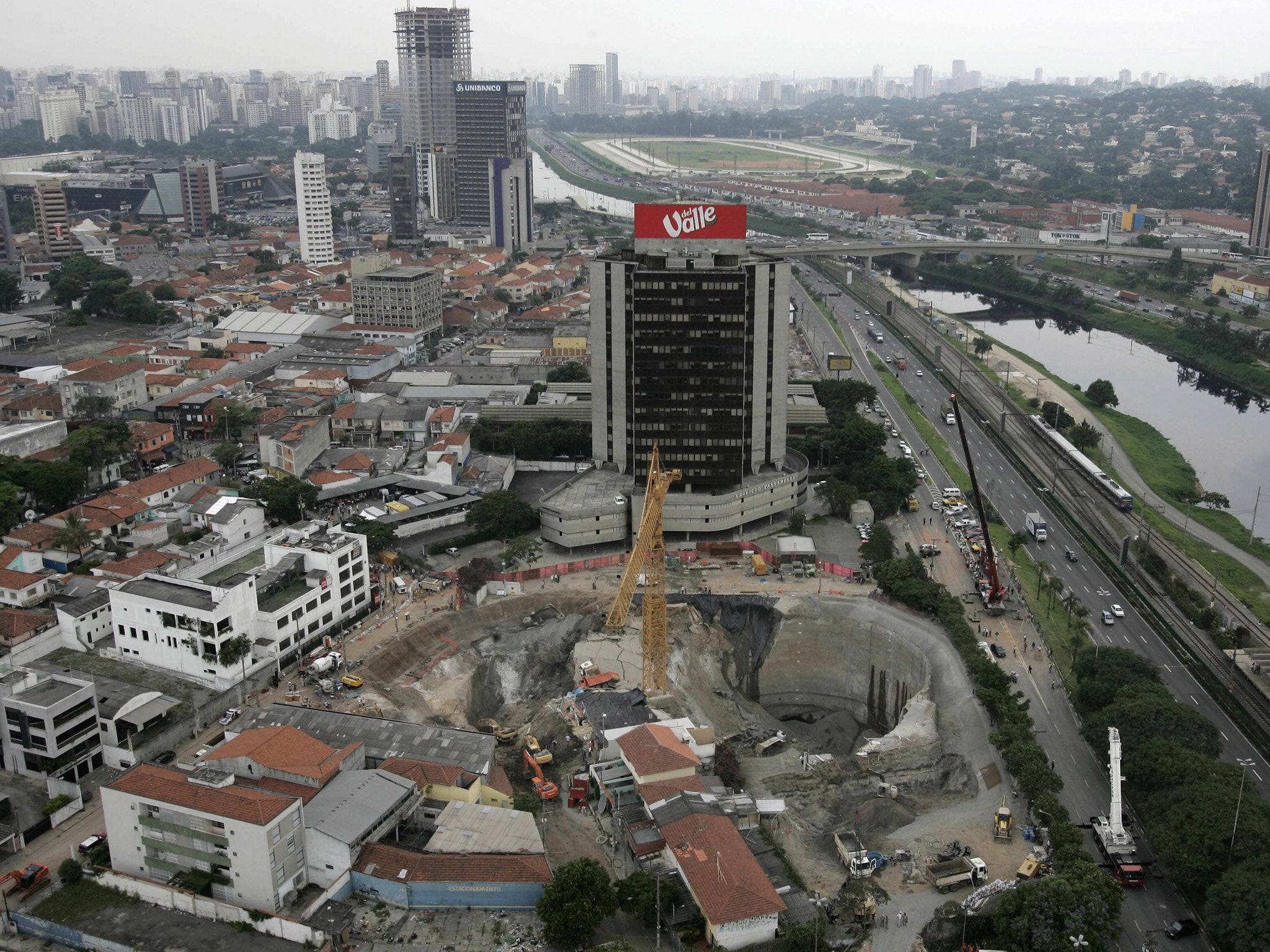 The huge crater at the collapsed Pinheiros subway station in Sao Paulo, Brazil,