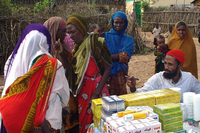 Somali women and children waiting to get medicine at a Medecins Sans Frontieres (Doctors Without Borders)  medical clinic in the lower Shabelle region