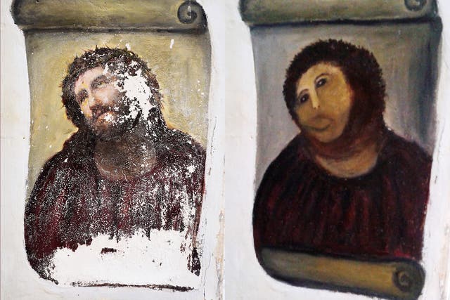 The Spanish church’s fresco was succumbing to damp, left, before its facelift