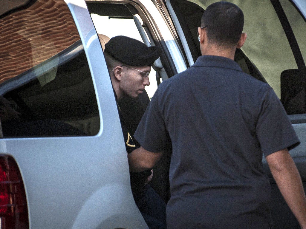 Bradley Manning, escorted into court in Maryland yesterday, faces up to 90 years in prison