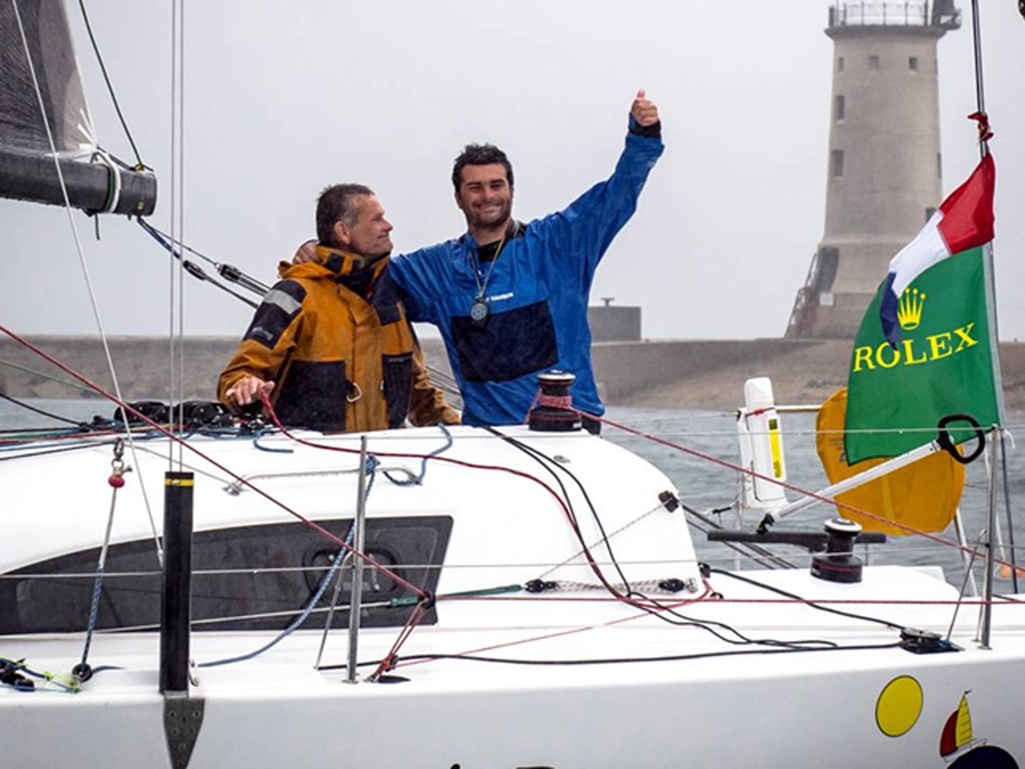 The French father and son pairing of Pascal (left) and son Alexis Loison became the first doublehanded winners in the 45th Rolex Fastnet Race in Plymouth in one of the smallest boats, the 33-foot Night and Day