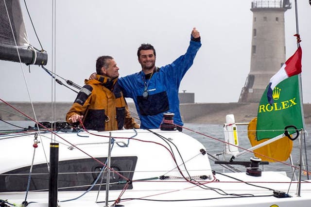 The French father and son pairing of Pascal (left) and son Alexis Loison became the first doublehanded winners in the 45th Rolex Fastnet Race in Plymouth in one of the smallest boats, the 33-foot Night and Day