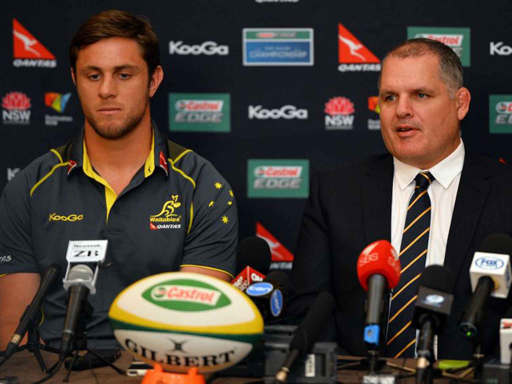 Australian coach Ewen McKenzie, right, alongside Hugh McMeniman during yesterday’s press conference in Sydney