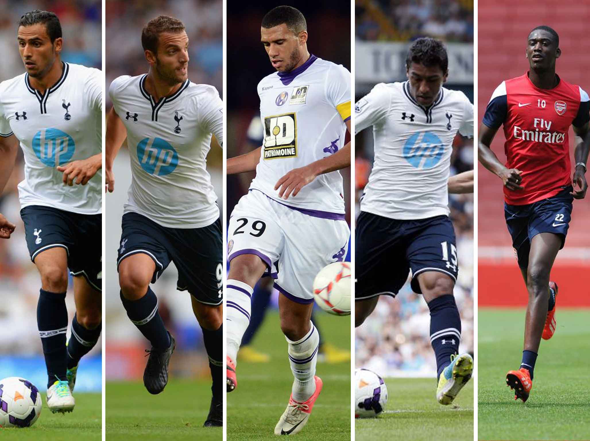 Spurs signings from left, Nacer Chadli, Roberto Soldado, Etienne Capoue, Paulinho. Arsenal's sole signing this summer has been Yaya Sanogo, far right