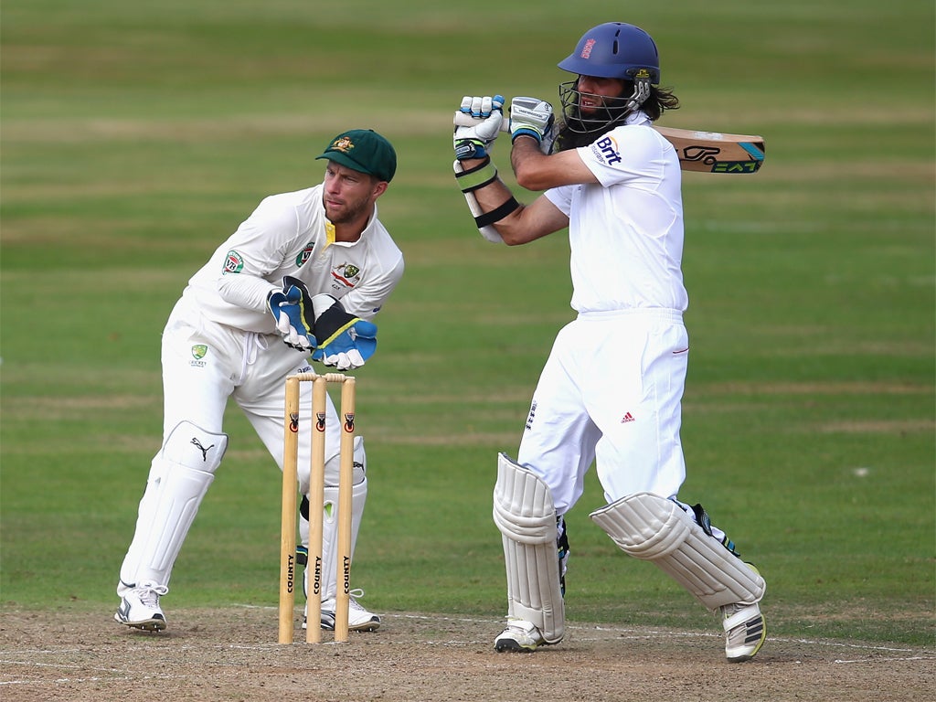 Mooen Ali on his way to 61 against the Australians yesterday