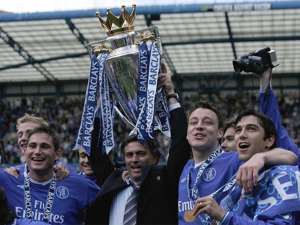 Jose Mourinho holds up the Premier League trophy in 2005, United and City take the last two titles