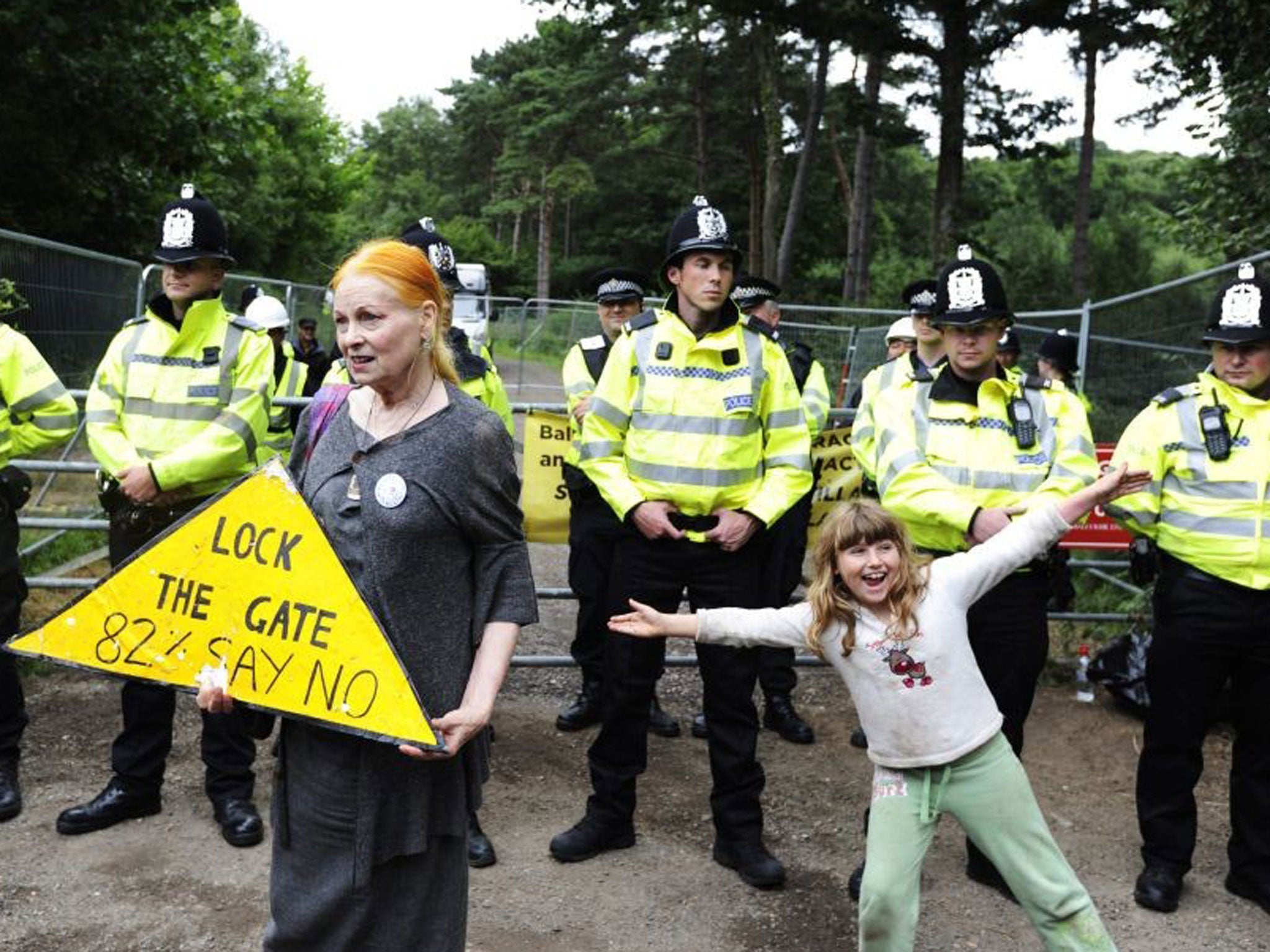 Britain's designer and activist Vivienne Westwood visited protests at the entrance of the Cuadrilla Resources site in Balcombe West Sussex on Friday.