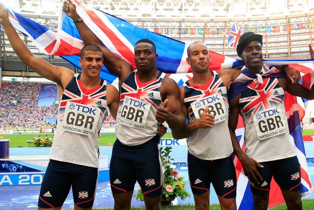 The Great Britain 4x100m relay team of (left to right) Adam Gemili, Harry Aikines-Aryeetey, James Ellington, and Dwain Chambers celebrate their bronze - but they were soon notified of their illegal changeover