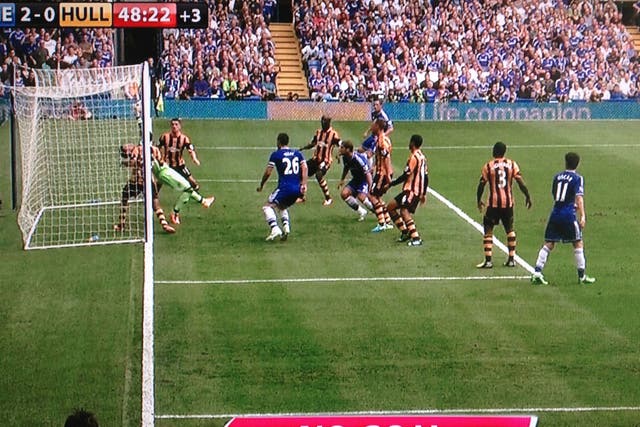 The replay shows the Hawk-Eye decision was correct and Branislav Ivanovic's header did not cross the line