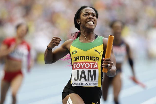 Shelly-Ann Fraser-Pryce anchored Jamaica's 4x100m women's team to victory - winning her third gold of the Championships and fifth world title (Anja Niedringhaus/AP)