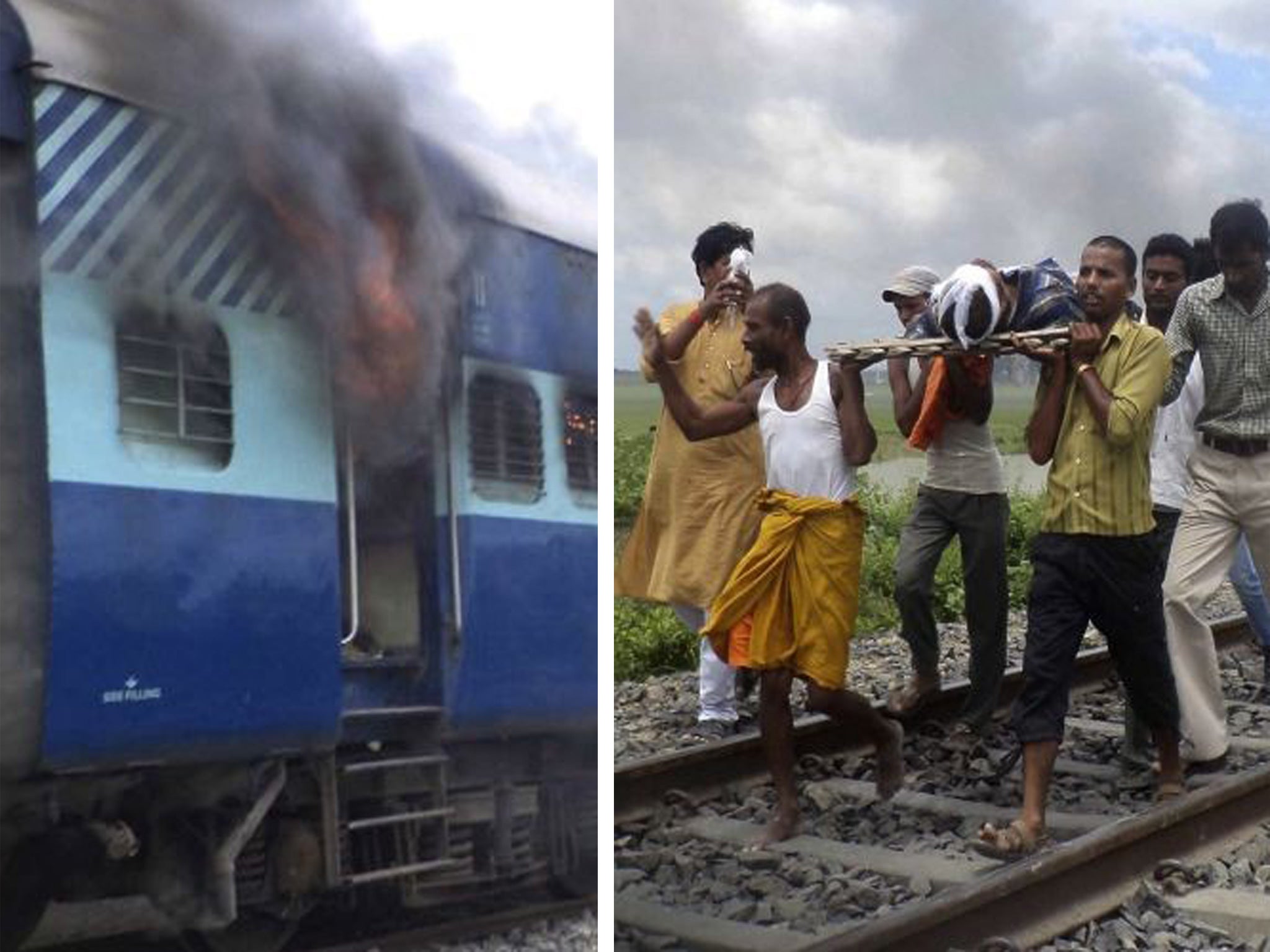 Coaches of the Rajya Rani Express train burn after a mob set it on fire as it ran over a group of Hindu pilgrims in Bihar state, India. And right, villagers carry away an injured person