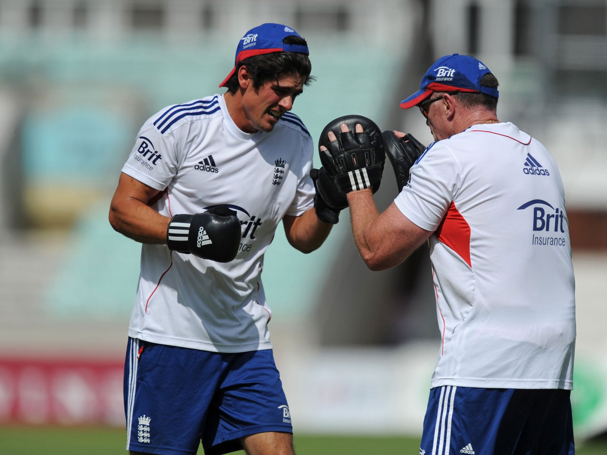 England's captain, Alastair Cook, gets his boxing gloves on at The Oval yesterday ahead of tomorrow's fifth and final Test