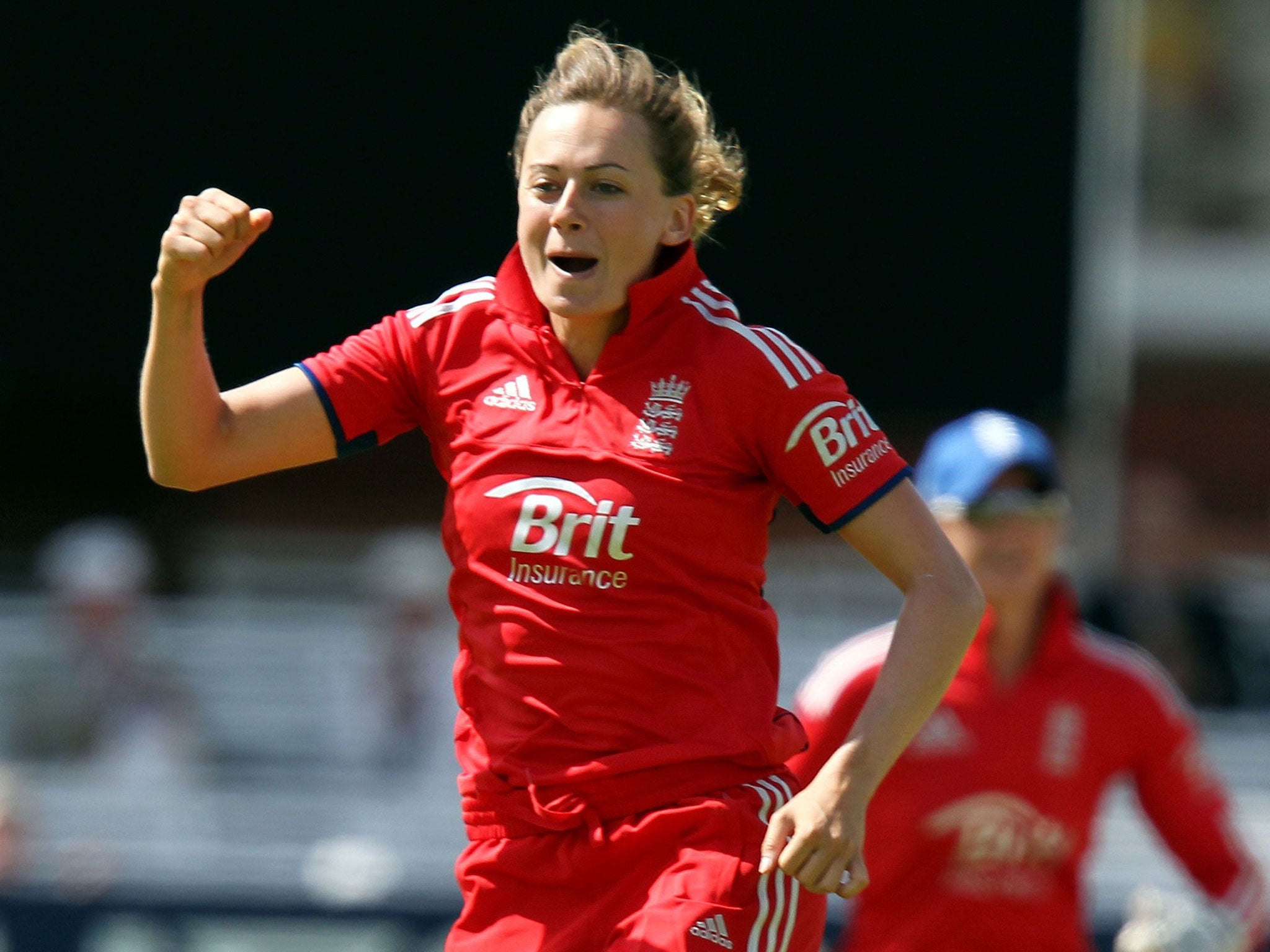 Laura Marsh celebrates after taking the wicket of Jodie Fields