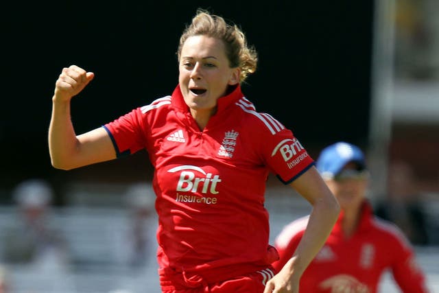 Laura Marsh celebrates after taking the wicket of Jodie Fields
