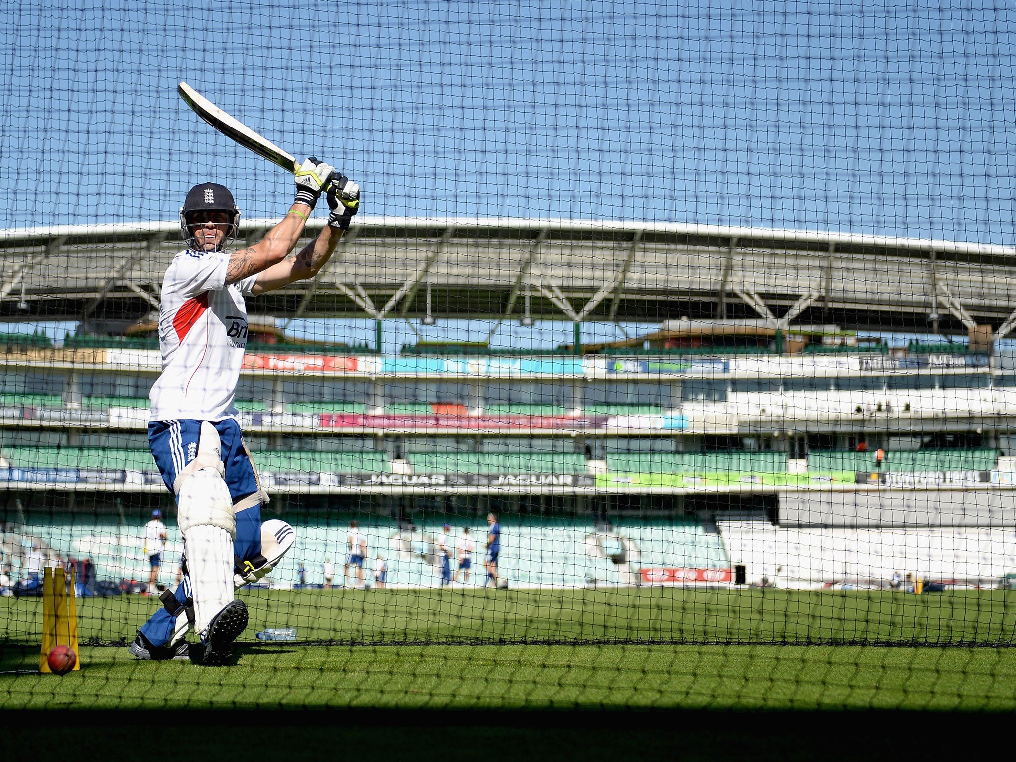 Kevin Pietersen bats in the nets at The Oval ahead of today's final Ashes Test
