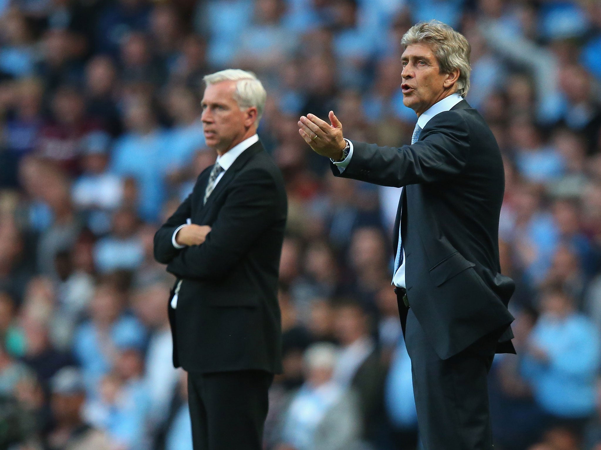 Pardew cut a frustrated figure on the touchline against Manchester City