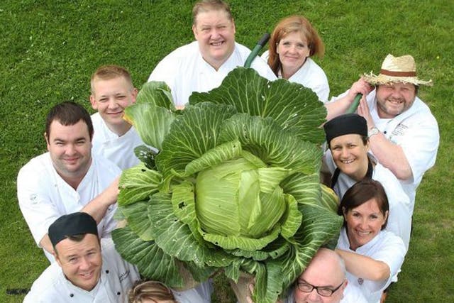 Ten chefs at the Harrogate Autumn Flower Show in North Yorkshire launched their bid to set a world record to cook the most dishes in one day from one single giant cabbage