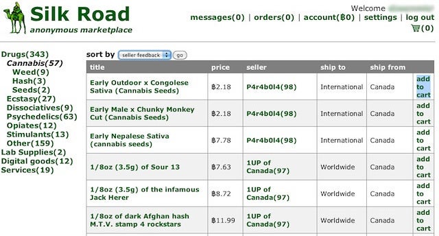 A screenshot of The Silk Road's cannabis section
