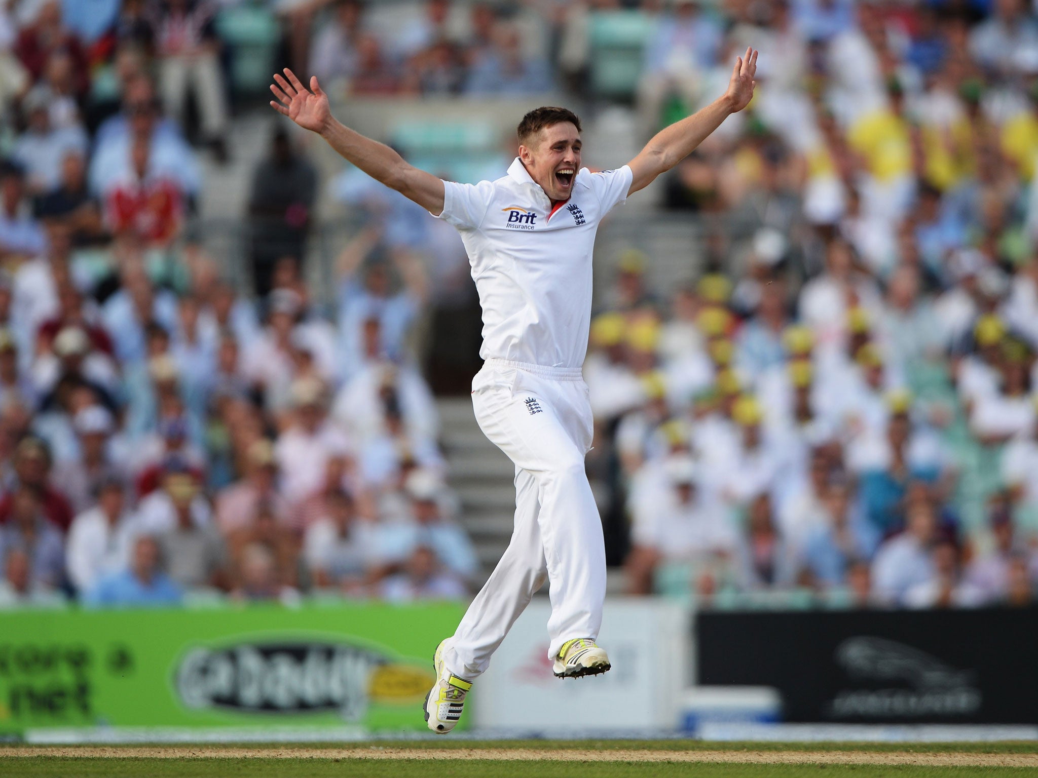 Chris Woakes celebrates the wicket of Shane Watson but the decision was overturned after review during day one of the 5th Investec Ashes Test match