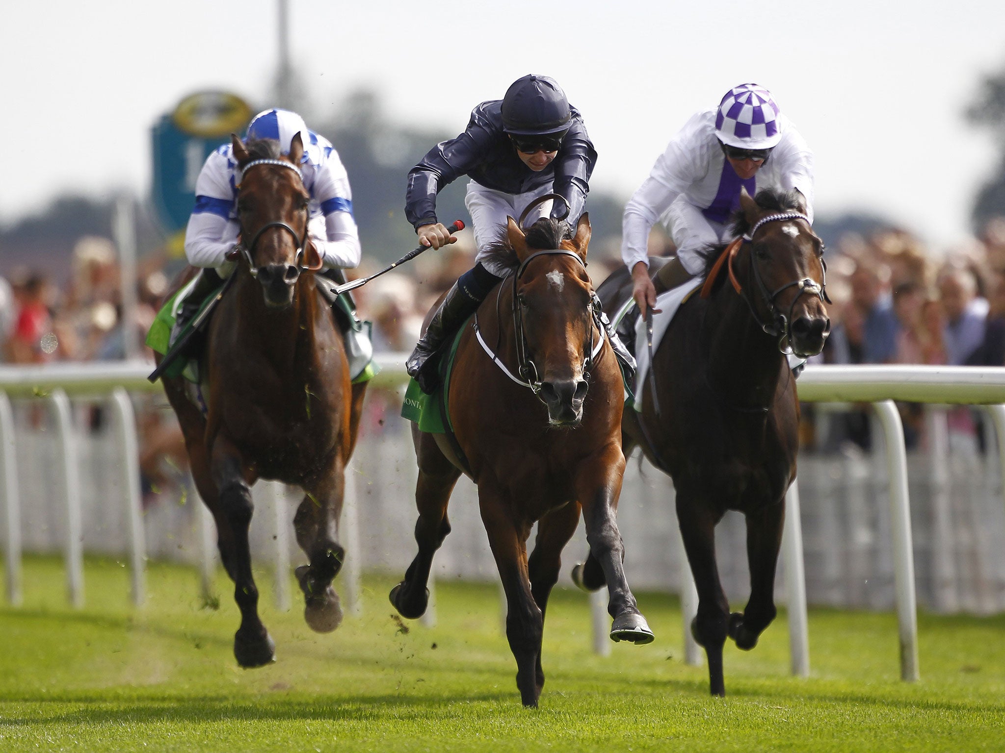 Declaration Of War (centre) proves too strong for Trading Leather (right) and Al Kazeem in the Juddmonte International