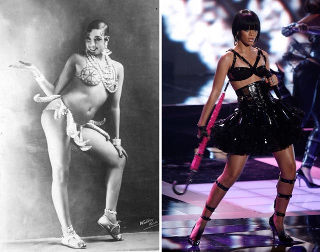 Josephine Baker dancing the "banana dance" in 1925; Rihanna performing "Umbrella" in 2007