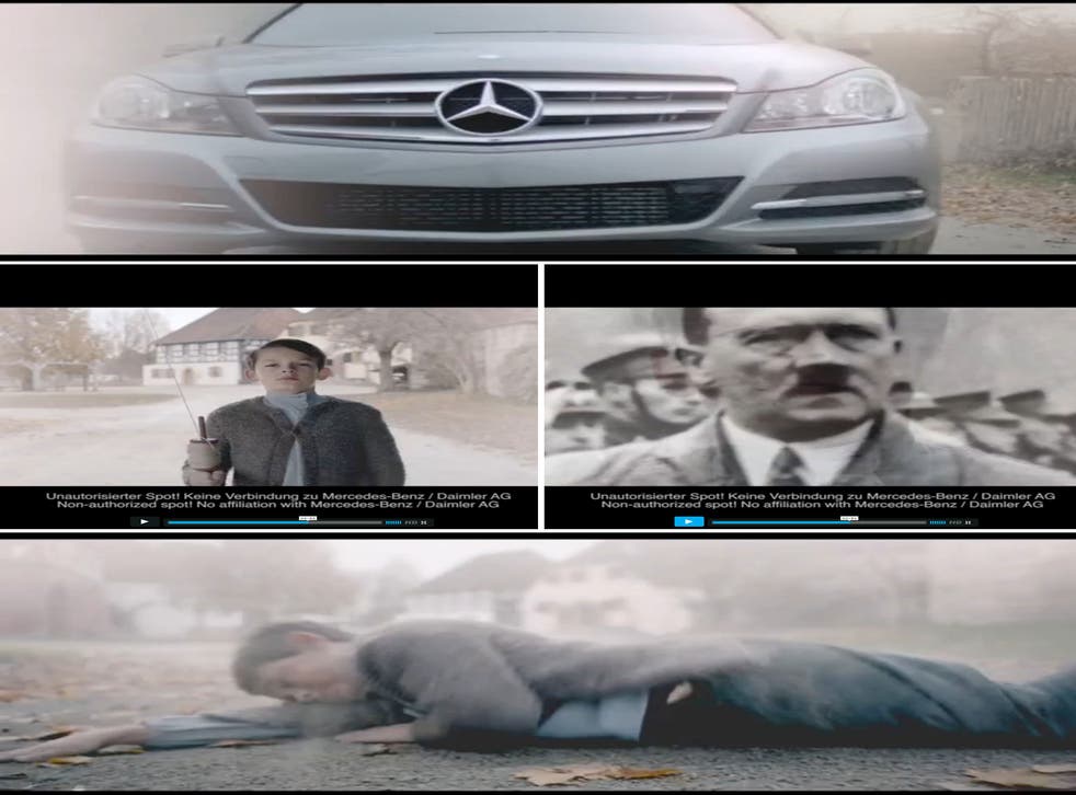 The spoof advert features a Mercedes C-class car driving through an Austrian village in 1890 and hitting a boy, seemingly a young Hitler