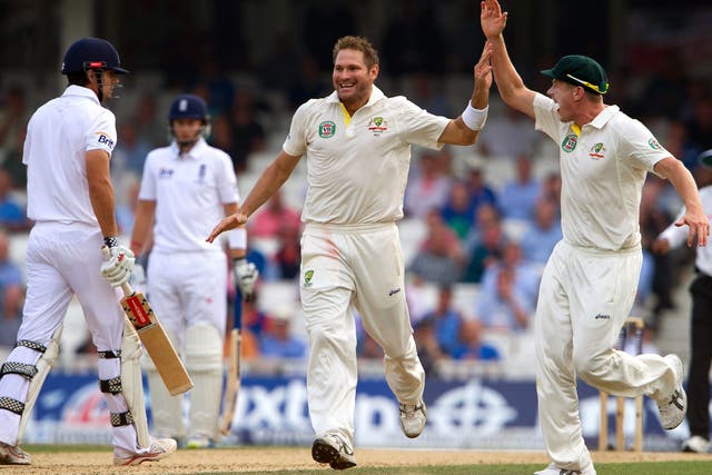 Ryan Harris celebrates after taking the wicket of England's captain, Alastair Cook, at The Kia Oval